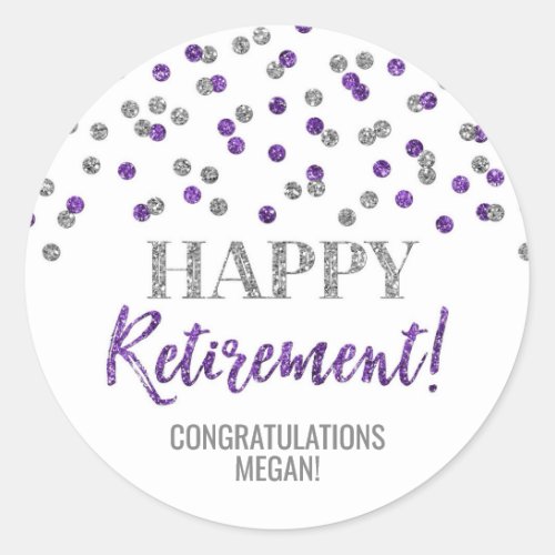 Purple Silver Confetti Happy Retirement Classic Round Sticker