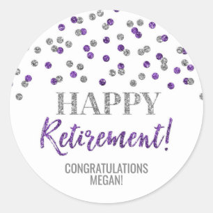 Purple Silver Confetti Happy Retirement Classic Round Sticker