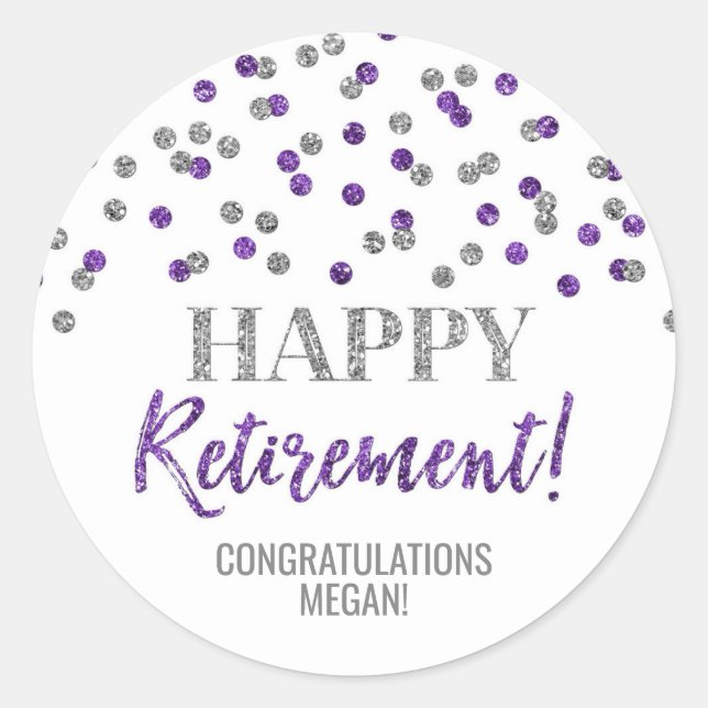 Purple Silver Confetti Happy Retirement Classic Round Sticker (Front)