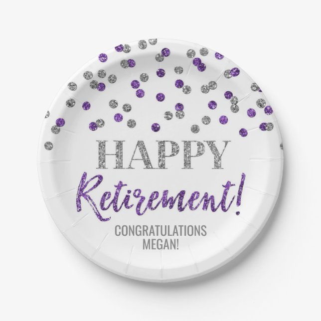 Purple Silver Confetti Happy Retirement Paper Plates (Front)