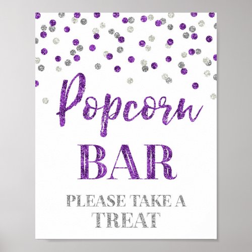 Purple Silver Confetti Popcorn Bar Sign