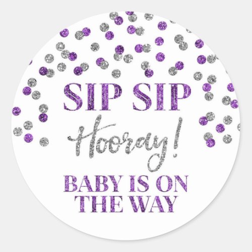 Purple Silver Confetti Sip Sip Hooray Classic Round Sticker