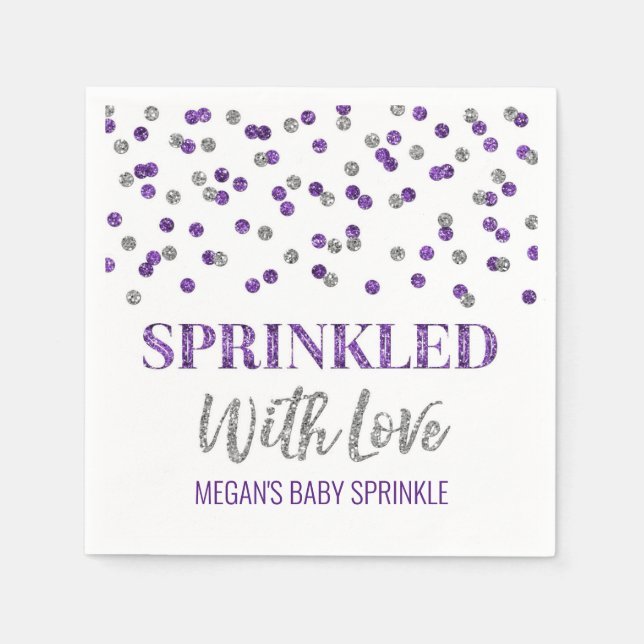 Purple Silver Confetti Sprinkled with Love Napkins (Front)