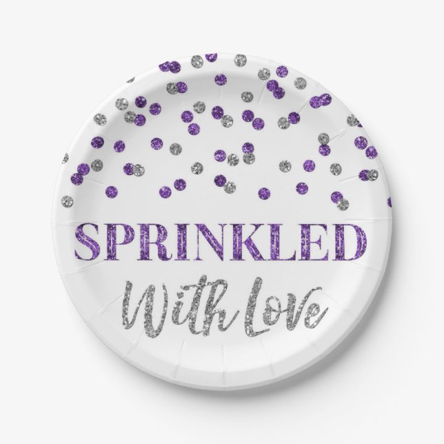 Purple Silver Confetti Sprinkled with Love Paper Plates (Front)
