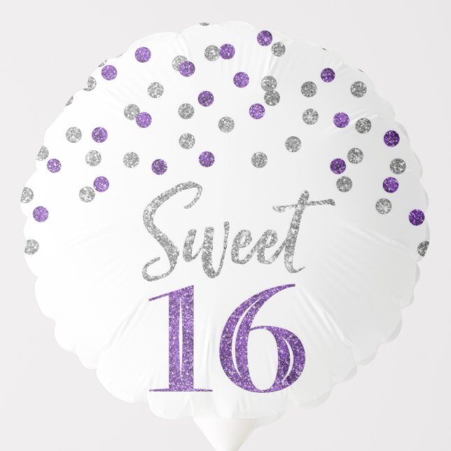 Purple Silver Confetti Sweet 16 Birthday Balloon (Front)