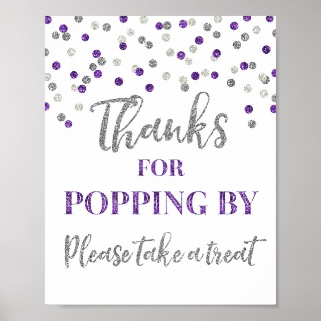 Purple Silver Confetti Thanks for Popping By Sign (Front)