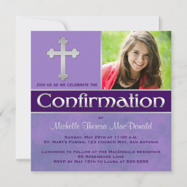 Purple, Silver Confirmation Photo Invite (Front)