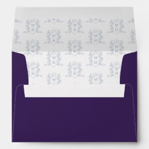 Purple silver crest heart crown monogram wedding envelope