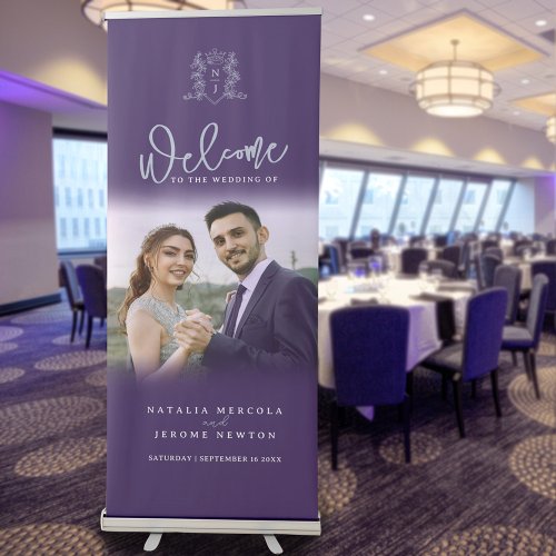 Purple silver crown monogram wedding photo retractable banner