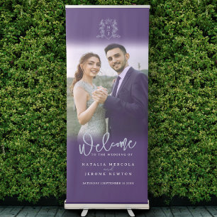 Purple silver crown monogram wedding photo retractable banner