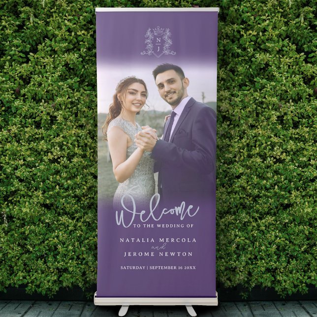 Purple silver crown monogram wedding photo retractable banner (Creator Uploaded)
