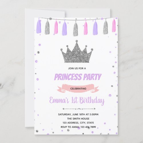 Purple silver crown princess birthday invitation