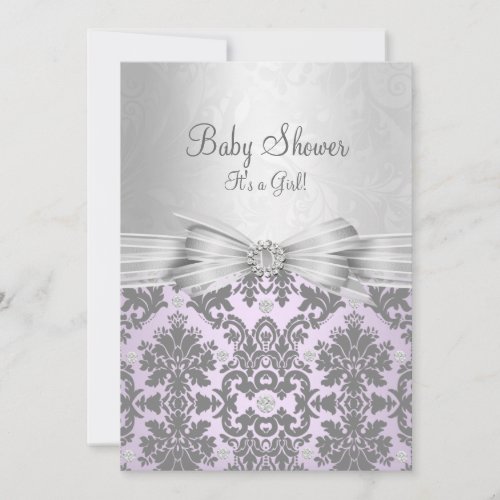 Purple  Silver Damask Baby Shower Invitation