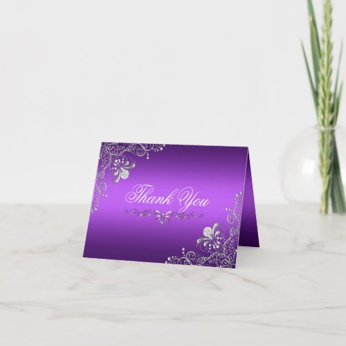 Purple  Silver Damask Thank You Card