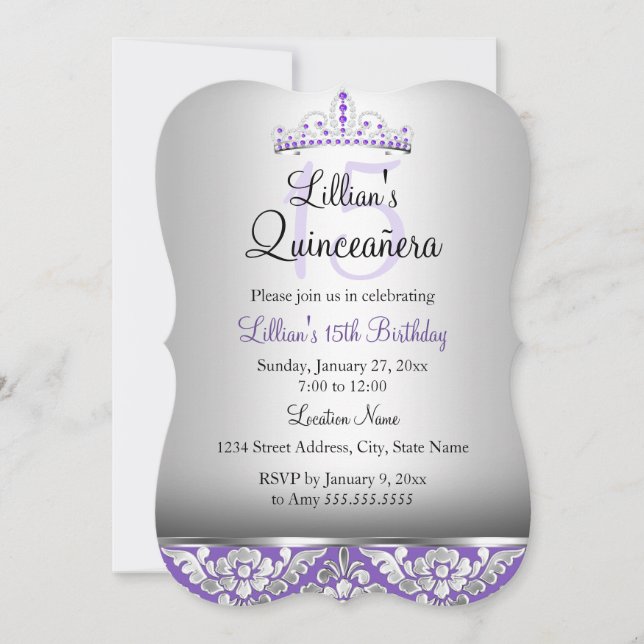 Purple Silver Damask & Tiara Quinceanera Invite (Front)