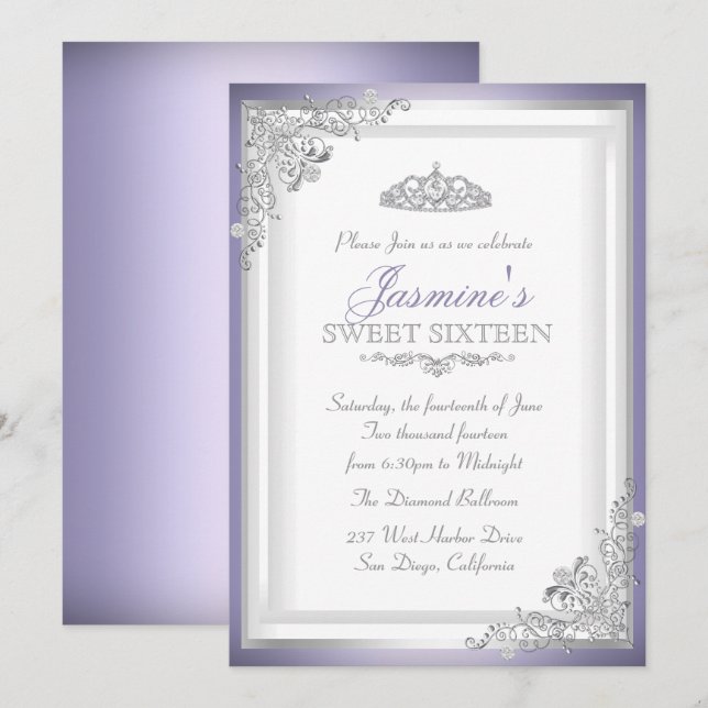 Purple Silver Damask & Tiara Sweet 16 Invitation (Front/Back)