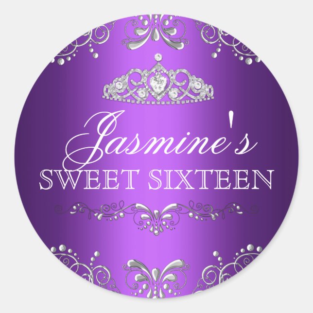 Purple Silver Damask & Tiara Sweet 16 Sticker (Front)