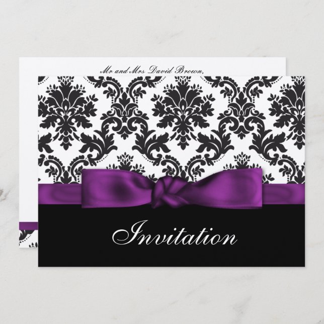 purple silver damask wedding invitation (Front/Back)