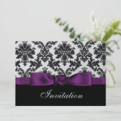 purple silver damask wedding invitation (Standing Front)