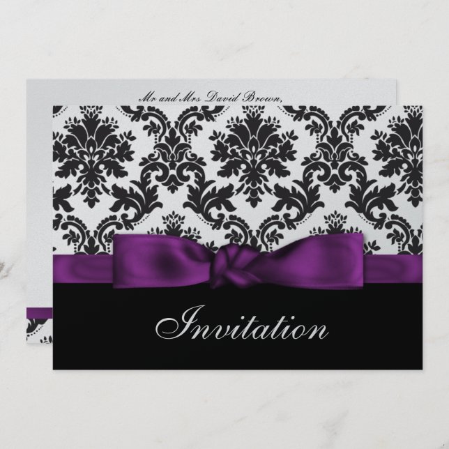 purple silver damask wedding invitation (Front/Back)