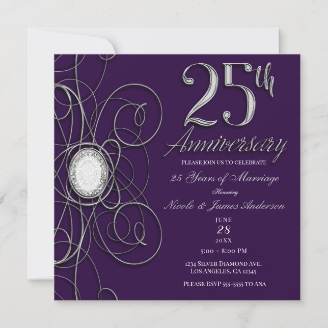 Purple & Silver Diamond 25 25th Anniversary Party Invitation (Front)