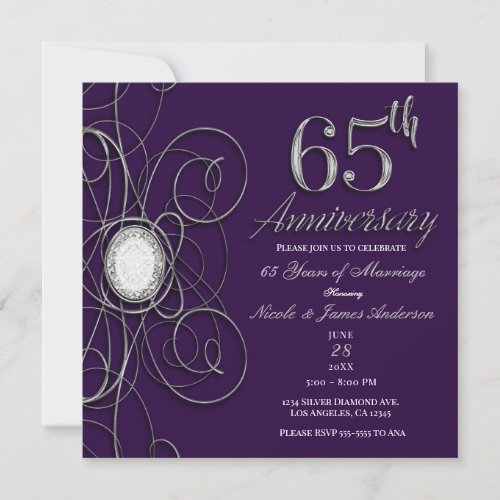Purple  Silver Diamond 65 65th Anniversary Party Invitation