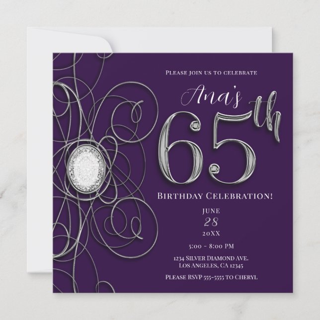 Purple & Silver Diamond 65 65th Birthday Party Invitation (Front)