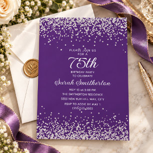 Purple Silver Diamond Glitter 75th Birthday Invitation