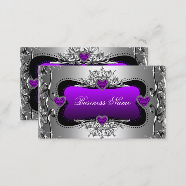 Purple Silver Diamond Image Hearts Elegant Business Card (Front/Back)