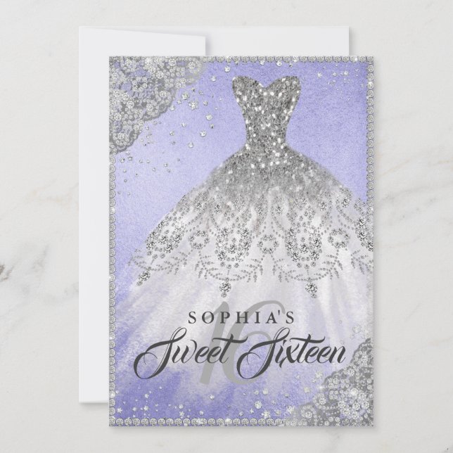 Purple Silver Diamond Sparkle Gown Sweet Sixteen Invitation (Front)