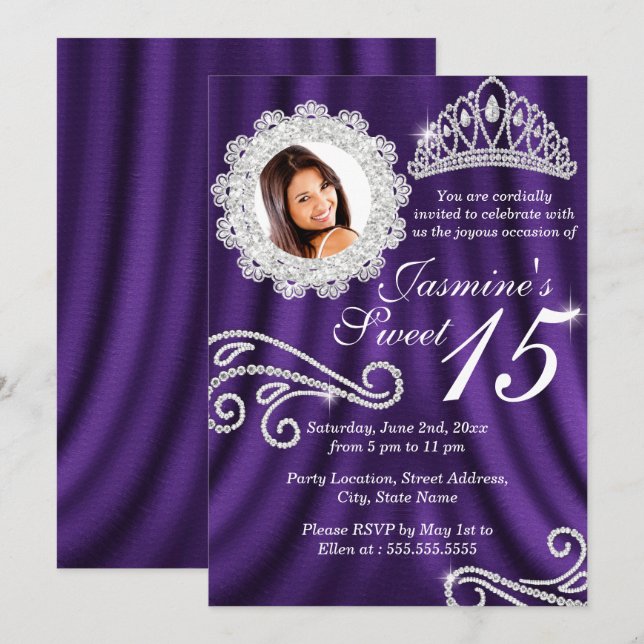 Purple Silver Diamond Tiara Photo Quinceanera Invitation (Front/Back)
