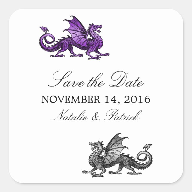 Purple Silver Dragon Save the Date Stickers (Front)