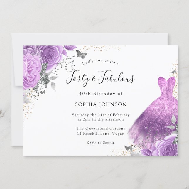 Purple Silver Dress & Rose Butterfly 40th Birthday Invitation (Front)