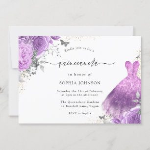 Purple & Silver Dress & Rose Butterfly Quinceanera Invitation