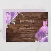 Purple & Silver Dress Rose Rustic Wood Quinceanera Invitation (Front/Back)