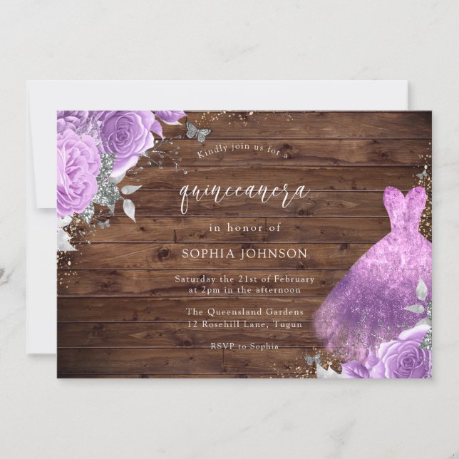 Purple & Silver Dress Rose Rustic Wood Quinceanera Invitation (Front)