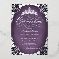 Purple Silver Elegant Script Rose Quinceanera 