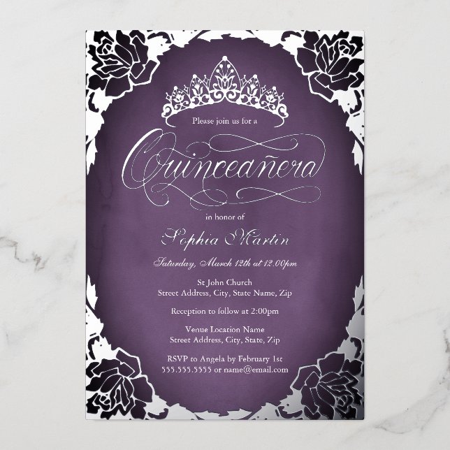 Purple Silver Elegant Script Rose Quinceanera  Foil Invitation (Front)