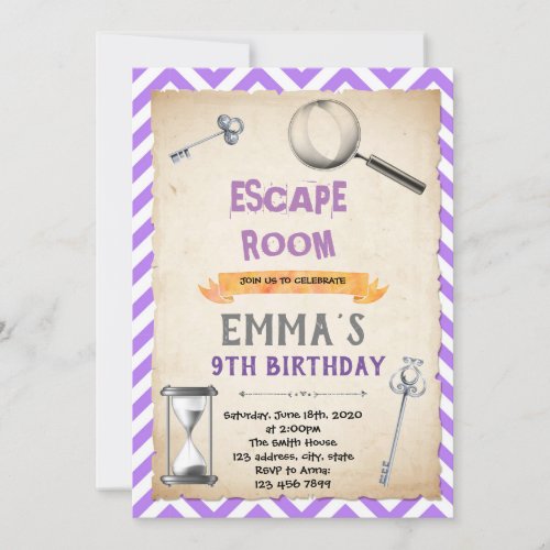 Purple silver escape room birthday party invitation