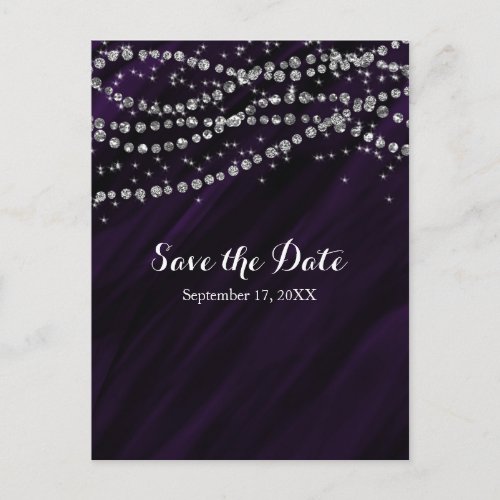 Purple  Silver Faux Diamond Bling Save The Date Announcement Postcard