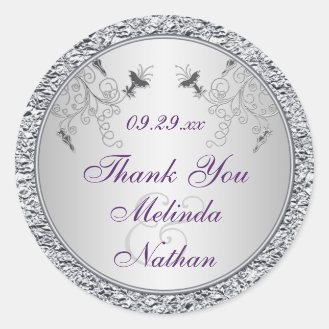 Purple Silver FAUX Foil Wedding Favor Sticker (Front)
