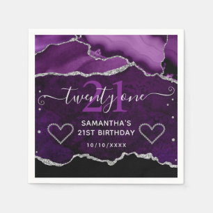 Purple & Silver Faux Glitter Agate Marble Birthday Napkins