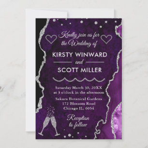 Purple & Silver Faux Glitter Agate Marble Wedding Invitation