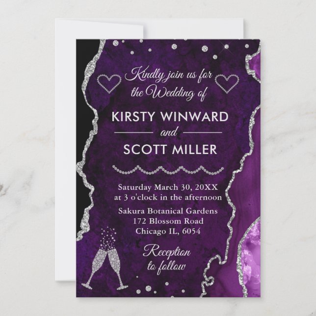 Purple & Silver Faux Glitter Agate Marble Wedding  Invitation (Front)