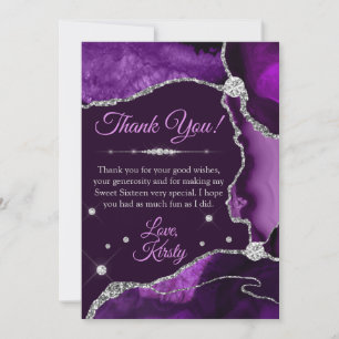 Purple & Silver Faux Glitter Agate Sweet 16 Thank You Card