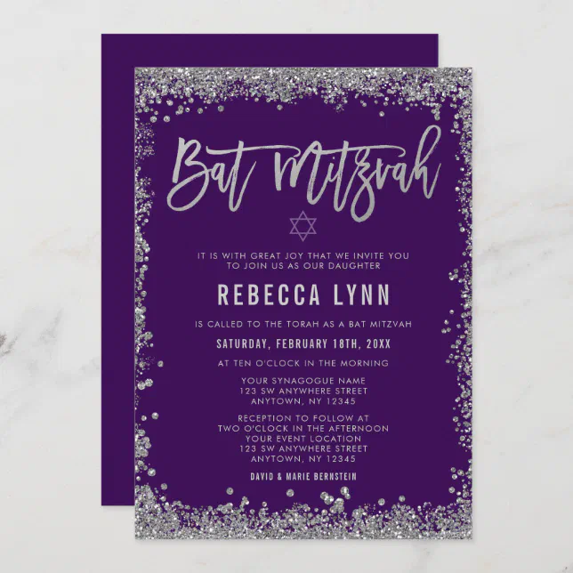 Purple Silver Faux Glitter Bat Mitzvah Invitation | Zazzle