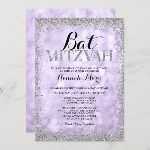 Purple Silver Faux Glitter Lights Bat Mitzvah Invitation