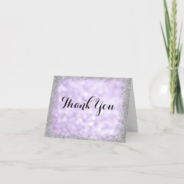 Purple Silver Faux Glitter Lights Letterpress Thank You Card (Front)