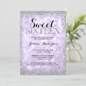 Purple Silver Faux Glitter Lights Sweet 16 Invitation (Standing Front)