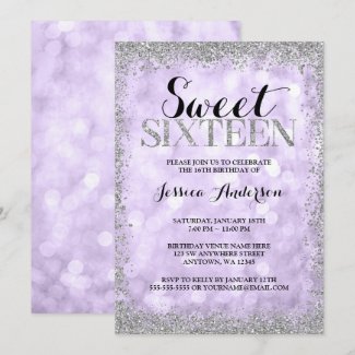 Purple Silver Faux Glitter Lights Sweet 16 Invitation